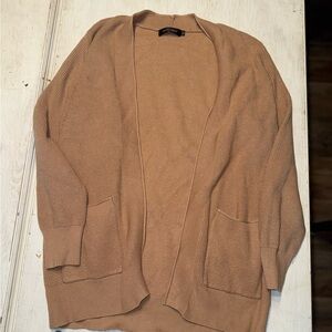 Tan Cardigan with Ribbed Cuffs and Minimalist Design